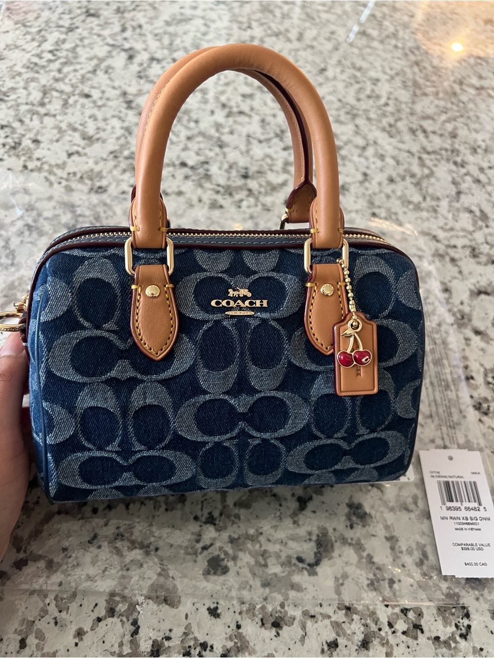 Coach Mini Rowan Crossbody Bag In Signature Denim With Cherry Charm CY742